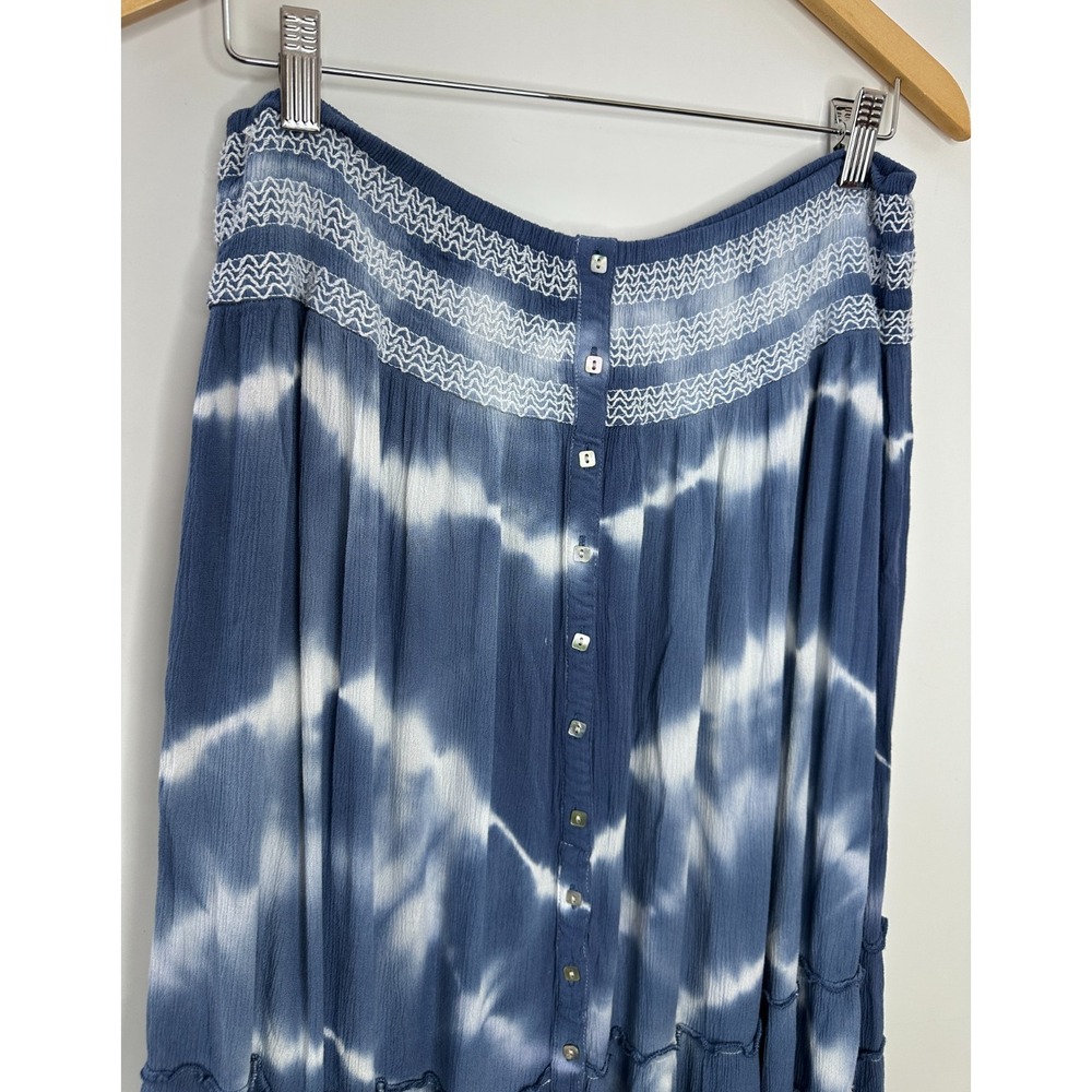 John Mark Tie Dye Smocked Waist Button Front Tiered Ruffle Maxi Skirt Large Blue - Picture 3 of 11